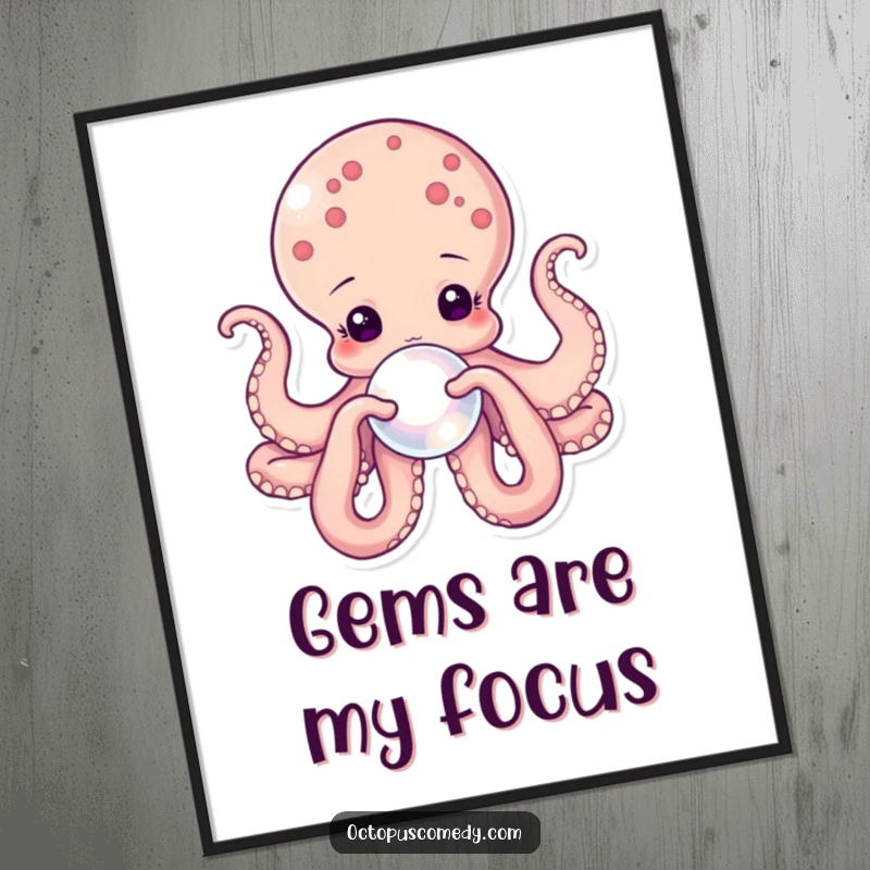 Funny octopus digital art print of a serene cephalopod holding a shimmering pearl, adding elegant and calming ocean vibes.
