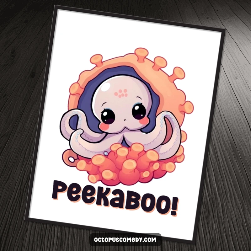 Funny octopus peeking from behind a vibrant anemone, wall art print for instant mysterious decoration.