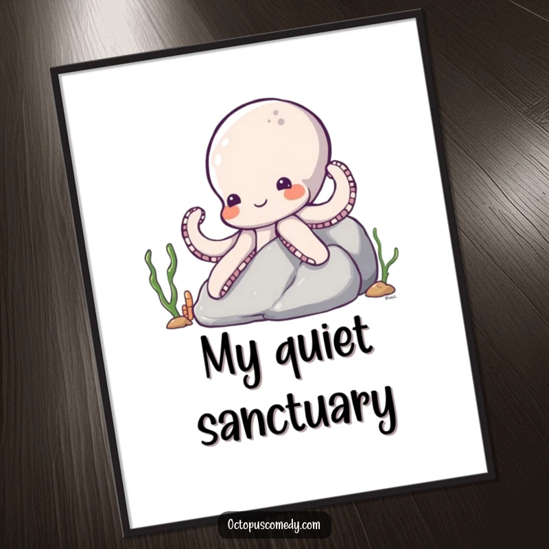 Funny Octopus Digital Art Print: A shy octopus with a sweet smile peeking from behind a rock, capturing a moment of gentle curiosity.