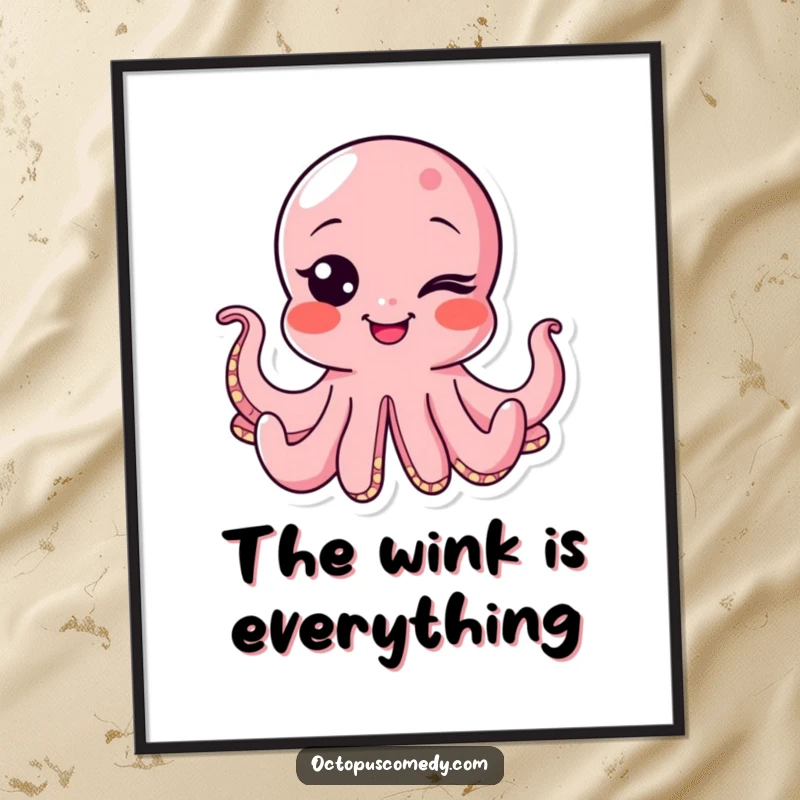 Funny octopus digital art print of a winking cephalopod with a mischievous smile, adding instant playful charm to any space.