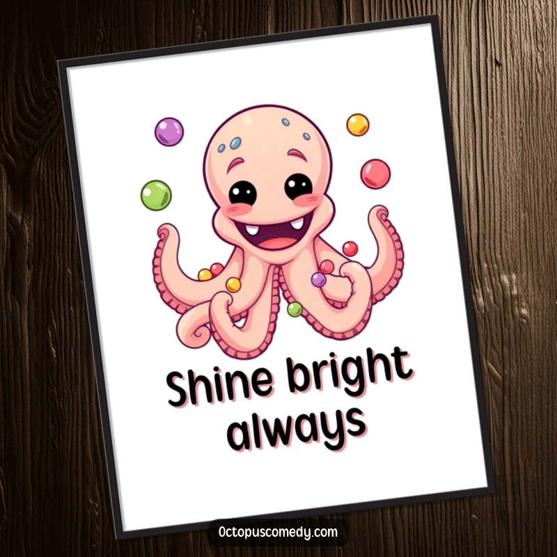 Funny digital art print of an octopus with a huge grin, juggling a vibrant assortment of colorful pearls, adding charm.