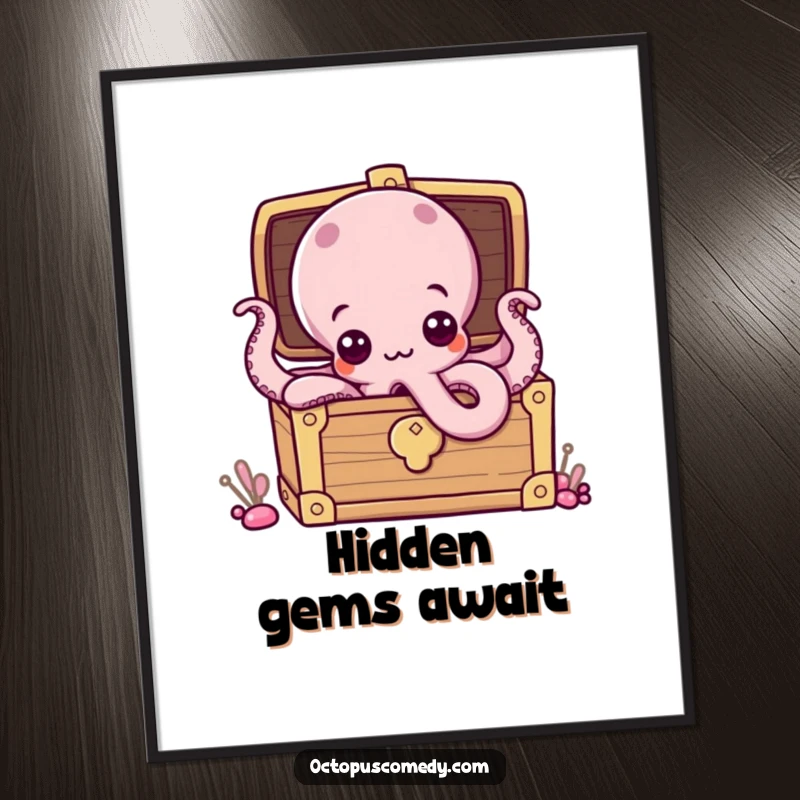Funny digital art print of a curious octopus with wide eyes emerging from a treasure chest, ideal for humorous wall decor.