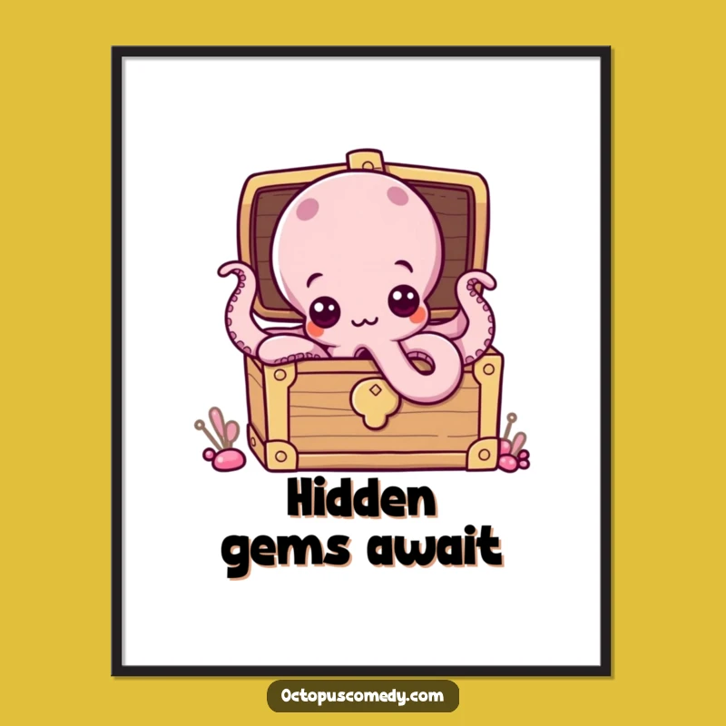 Funny Octopus Treasure Chest Digital Art: Curious Eyes Printable, Humorous Gift