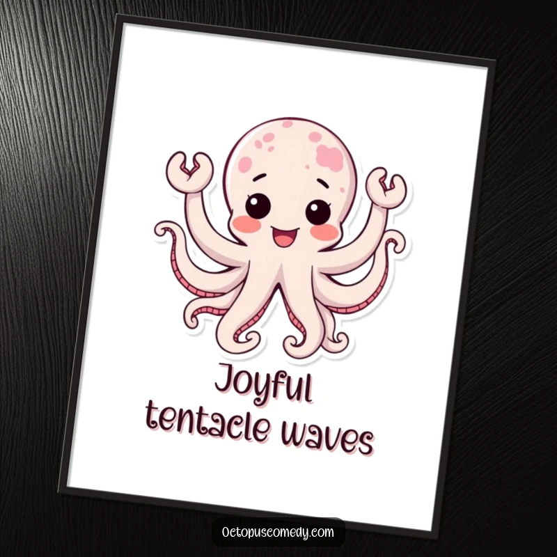 Funny kawaii octopus with multiple waving tentacles expressing pure joy, a cheerful and humorous digital art print.