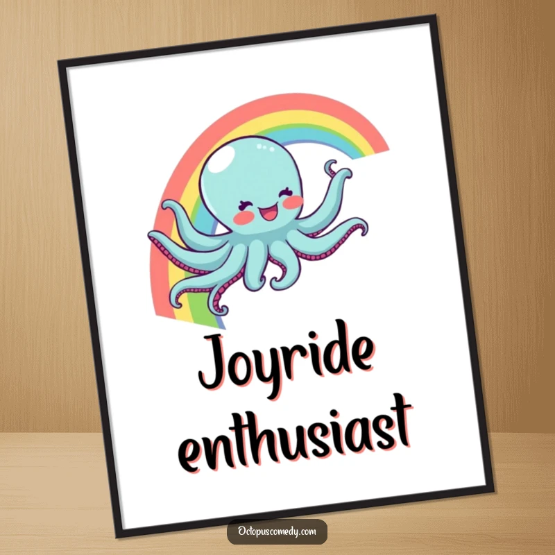 Funny digital art print of a joyful octopus sliding down a rainbow, perfect for instant wall decor and as a funny gift.