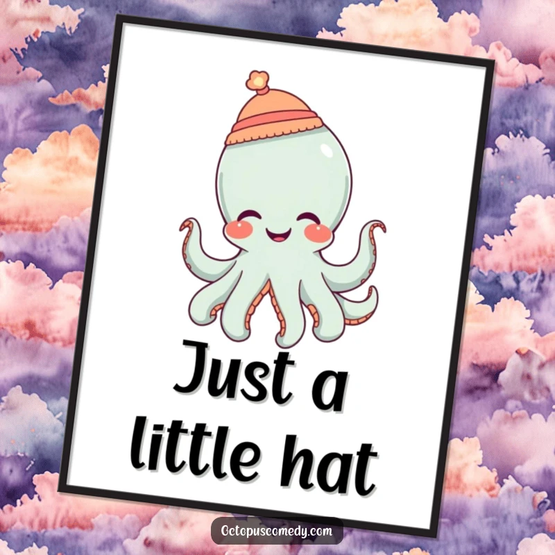 Funny octopus wearing a tiny hat and giggling, printable humorous wall art.