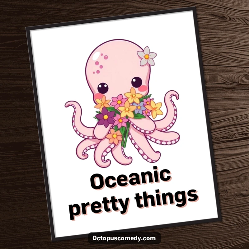 Kawaii Octopus Flower Digital Art Print, featuring a super cute octopus holding a bouquet of sea flowers, ready to download.
