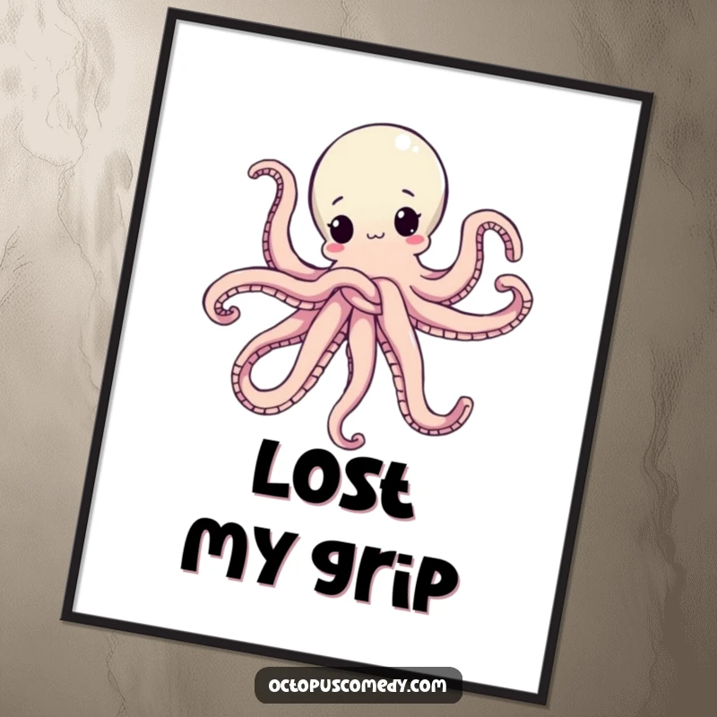 Funny digital art print of an octopus hilariously tied up in its own arms, perfect for instant wall decor and a funny gift.