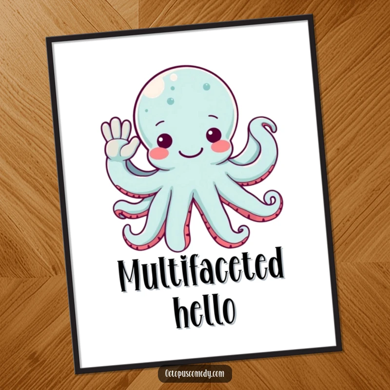 Funny octopus with multiple arms waving hello, available as a downloadable digital art print.