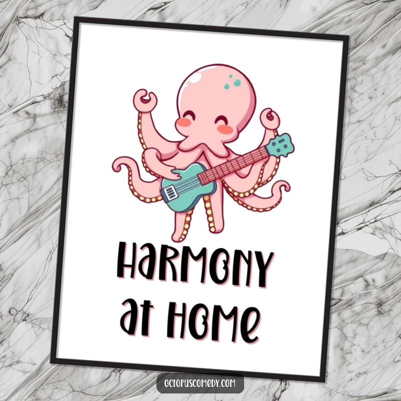 Funny digital art print of an octopus with eight arms playing a musical instrument, creating a cheerful and harmonious visual.