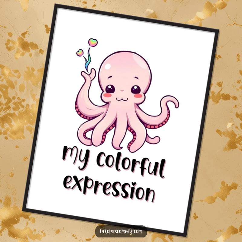 Funny Octopus Digital Art Print of a cephalopod enthusiastically waving a stream of iridescent ink, a vibrant and artistic addition to any space.