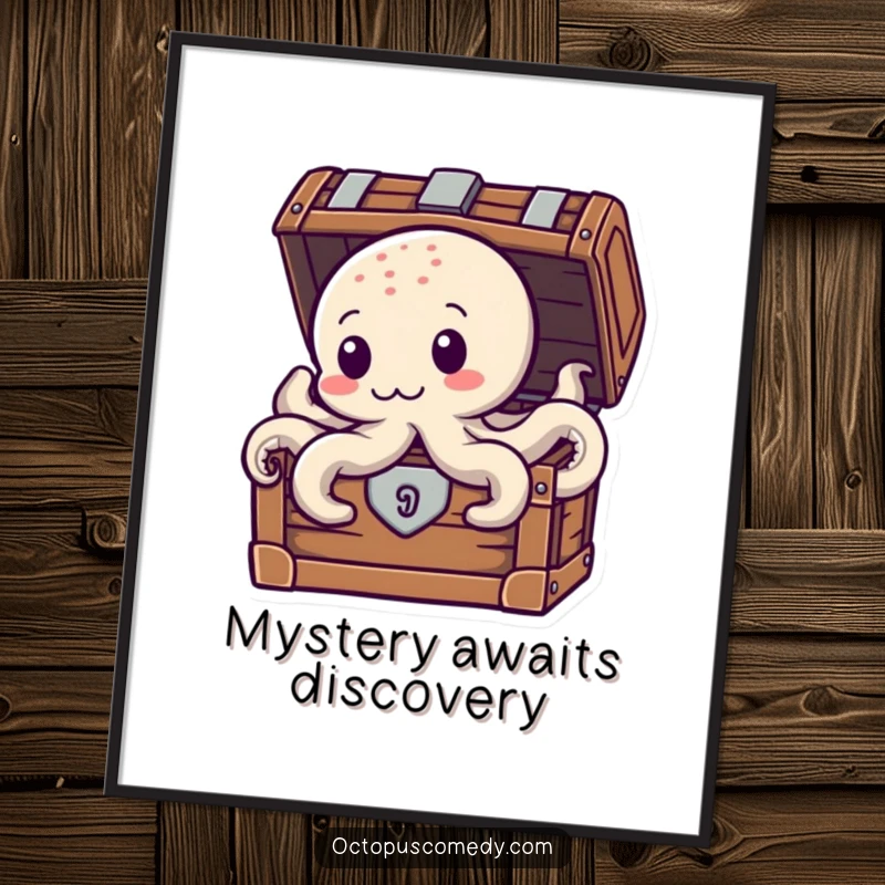 Funny Treasure Octopus Digital Art Print, showing a mischievous octopus peeking from behind a treasure chest, ready to download.