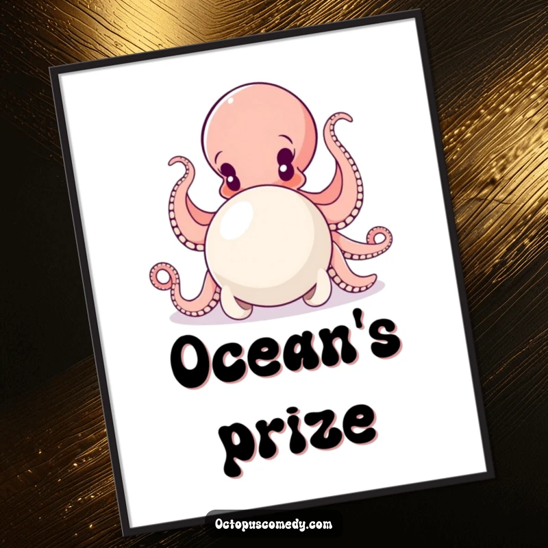 Funny digital art print of a determined octopus pushing a large pearl with all its arms, ready to inspire perseverance.