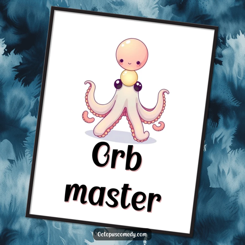 Funny octopus balancing a delicate stack of tiny, glowing orbs, digital art print, magical marine skill, instant download.
