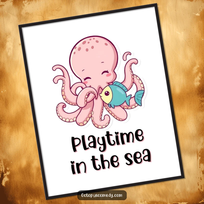Funny octopus playfully tickling a little fish with a tentacle, available as a downloadable digital art print for instant fun.