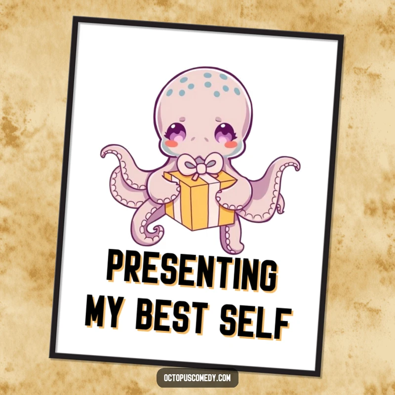 Funny Octopus Digital Art: High-quality funny artwork of a cheerful octopus playfully unwrapping a small, colorful gift box.