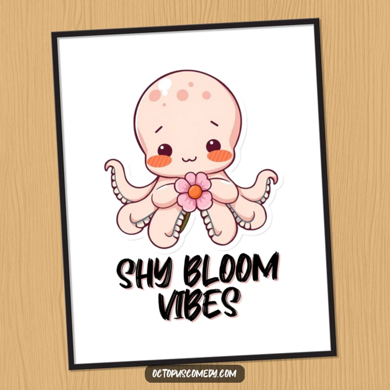 Funny shy octopus blushing with rosy cheeks, tenderly holding a single flower, available as a downloadable digital art print.