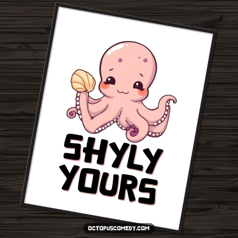 Funny digital art print of a shy octopus offering a seashell, perfect for instant wall decor and as a cute, funny gift.