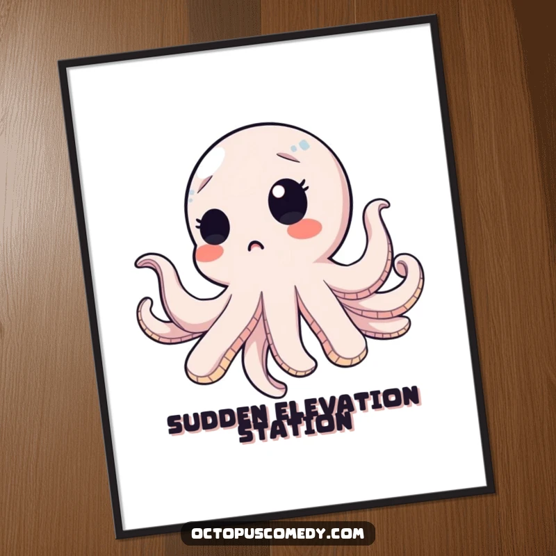 Funny octopus with a surprised blink, floating upwards in this high-resolution digital art print, ready for download.