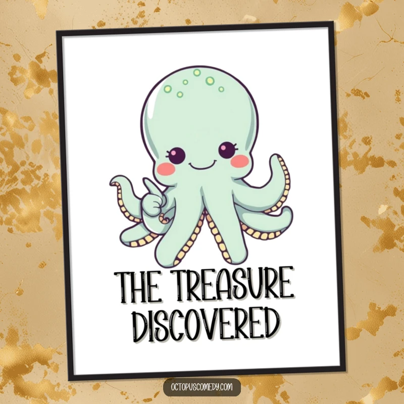 Funny octopus with wide eyes pointing to a pearl, printable digital art for humorous and wondrous wall decor.