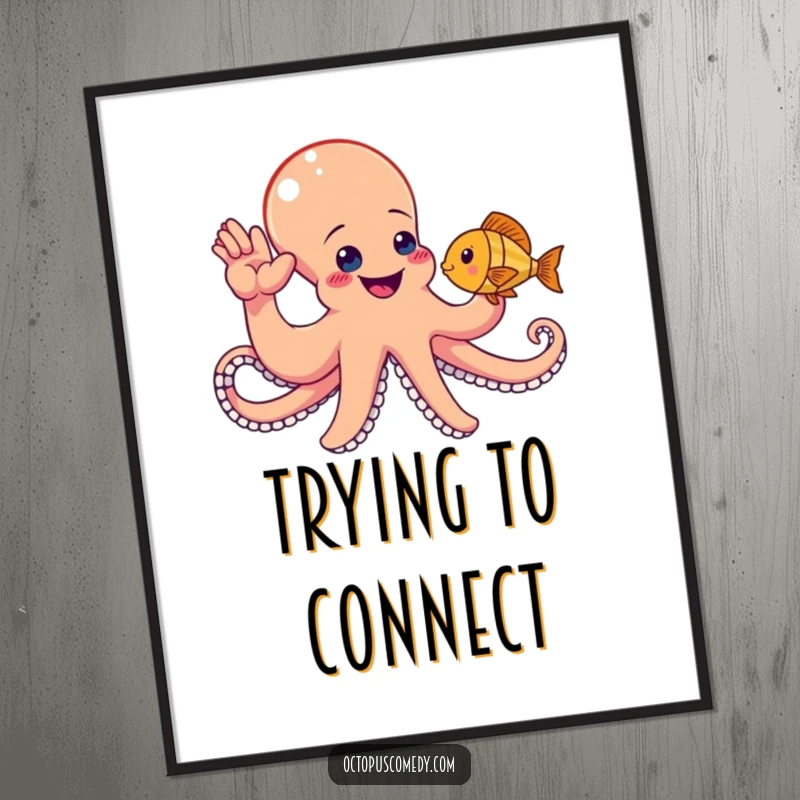 Funny octopus attempting a high-five with a fish, wall art print for instant cheerful decoration.