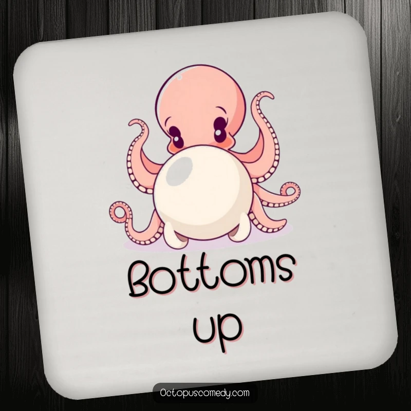 Funny drink coasters featuring a determined octopus pushing a large pearl with all its arms, protecting surfaces with purpose.