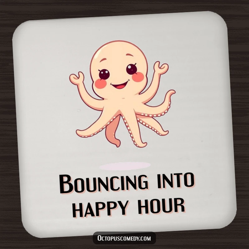 Funny jumping kawaii octopus with a silly grin on a coaster set, protects surfaces, fun gift.