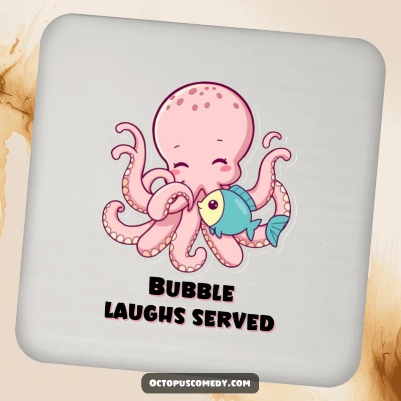Funny octopus playfully tickling a little fish with a tentacle, featured on these humorous and protective drink coasters.