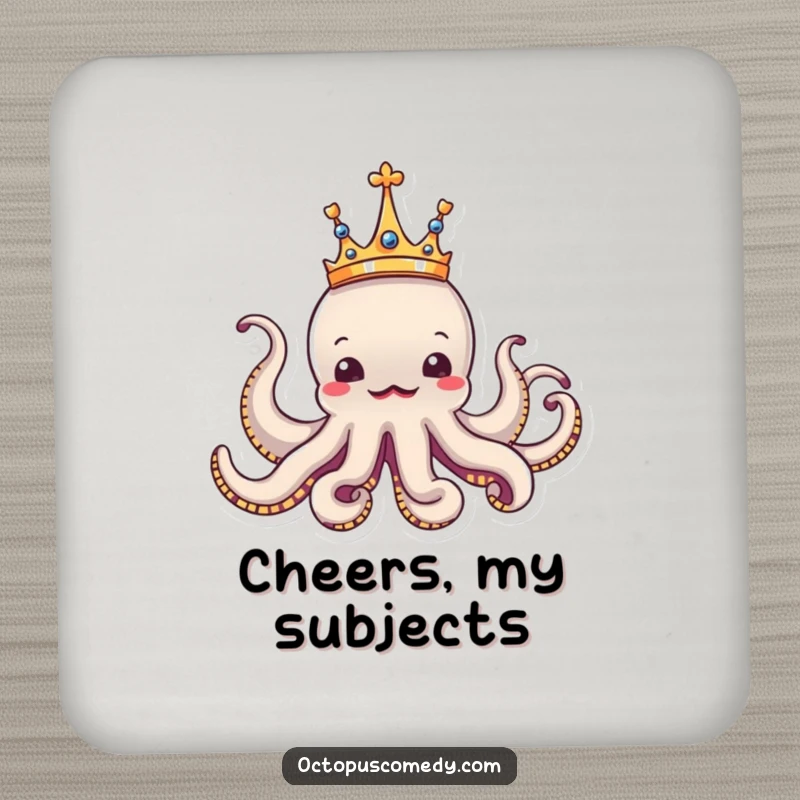 Funny octopus wearing a tiny crown, looking regal and amusing, a set of coasters bringing aquatic majesty.