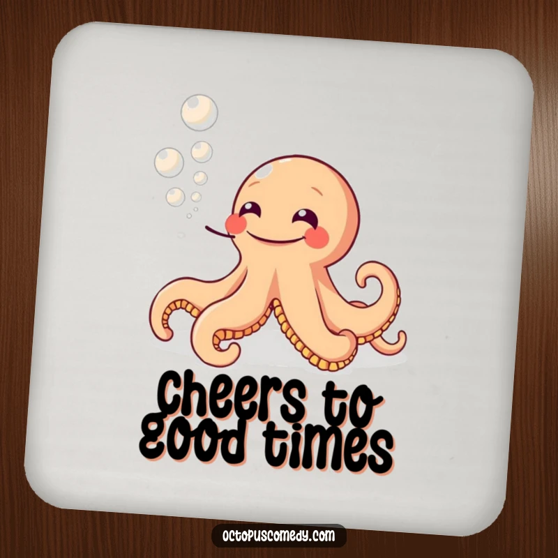 Funny drink coasters with a wide-grinning octopus blowing ink bubbles, offering protection with humorous charm and a playful vibe.