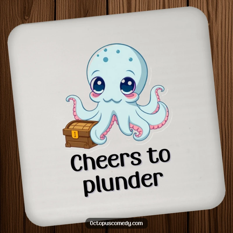 Funny drink coaster with a curious octopus and treasure chest, adding humor and protection to tabletops.