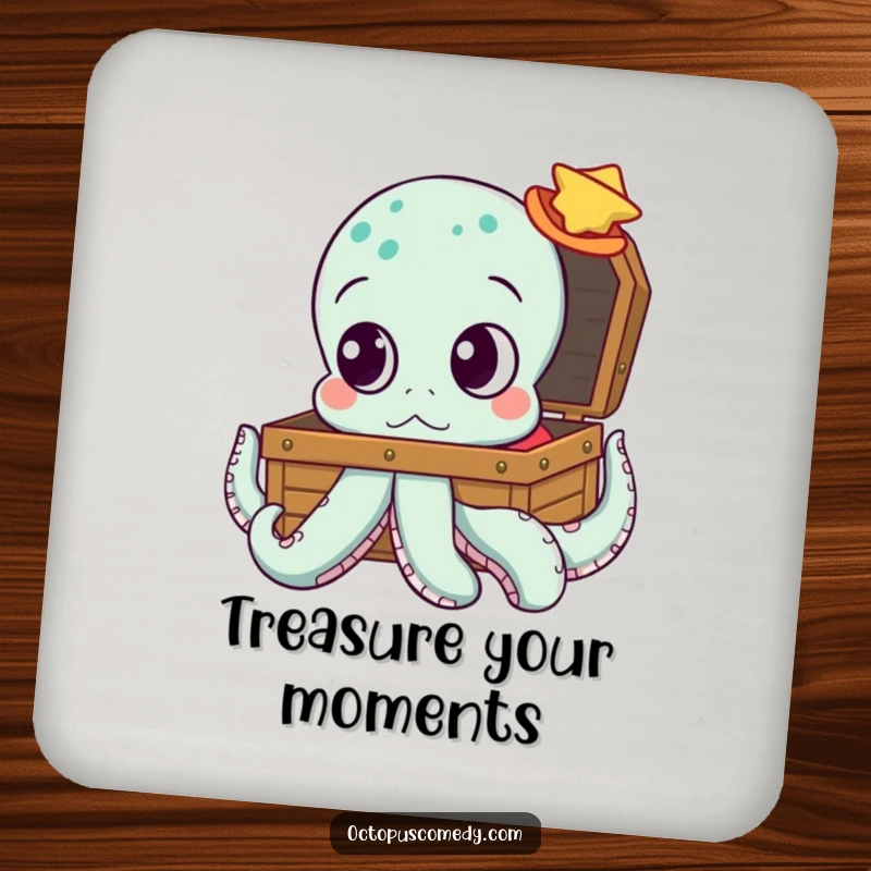 Funny octopus coaster with big, curious eyes looking at a treasure chest, adding a touch of mystery to tabletops.