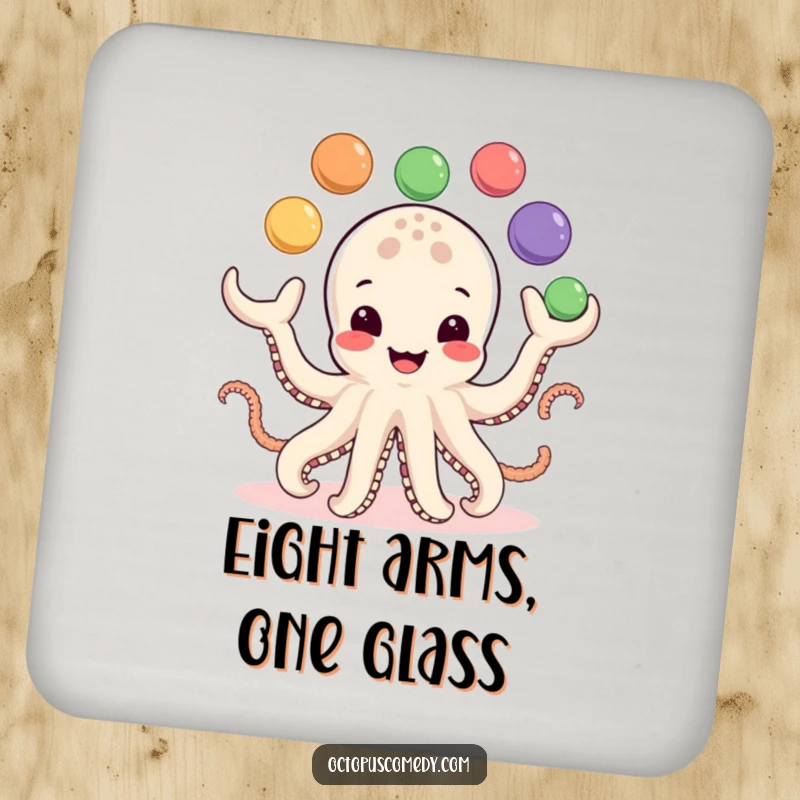 Funny Coaster: A smiling octopus juggles eight colorful balls, offering protection with playful humor.