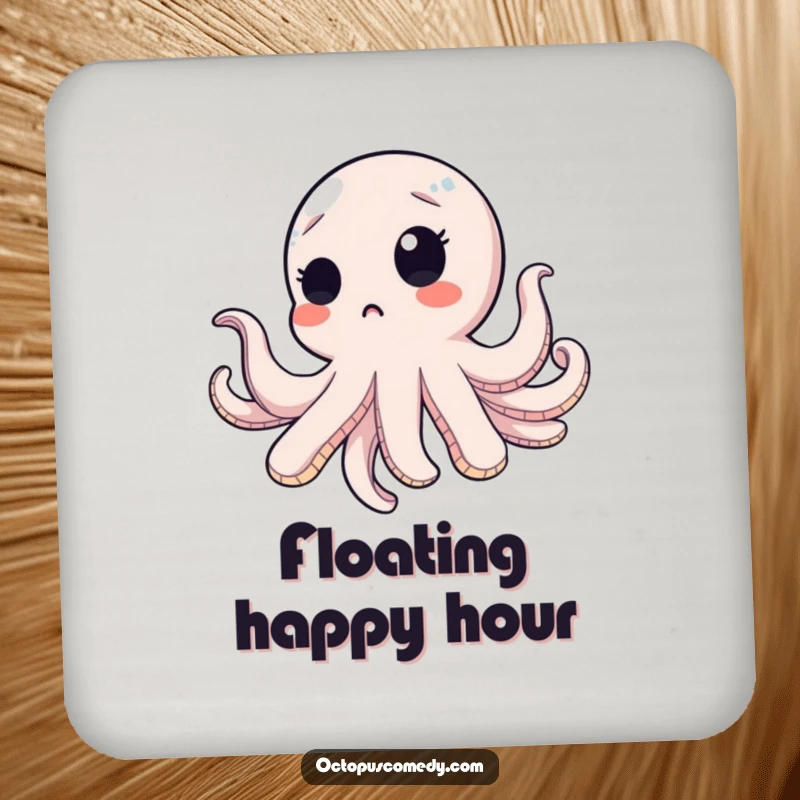 Funny octopus with a surprised blink, floating upwards on humorous coasters, adding a touch of unexpected charm.
