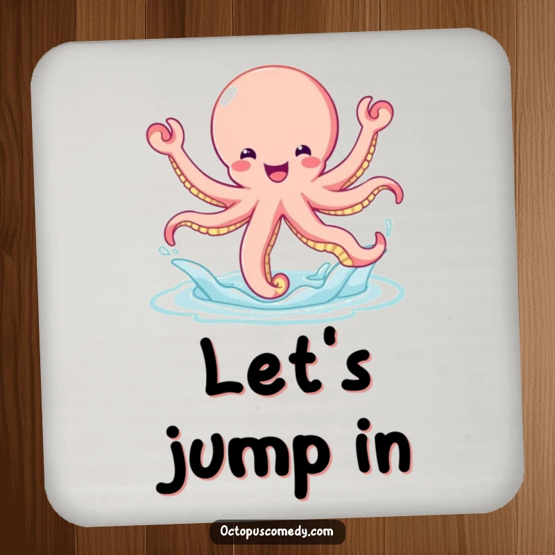 Funny bouncy octopus leaping joyfully out of the water, designed to protect surfaces as a drink coaster.