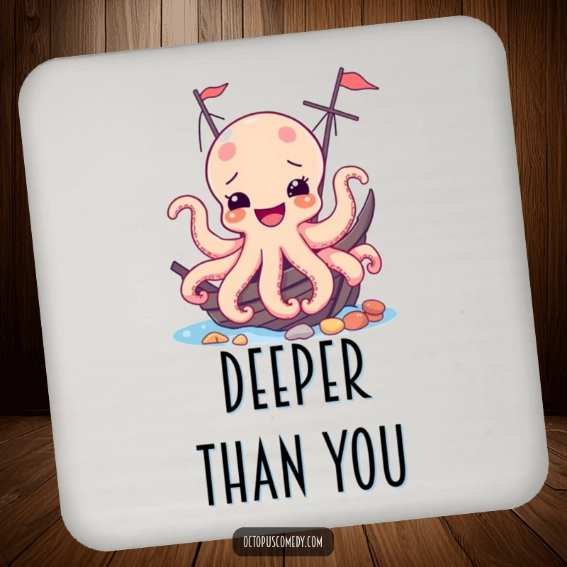 Funny drink coaster with a joyful octopus peeking from a shipwreck, adding a humorous and protective element to any table.