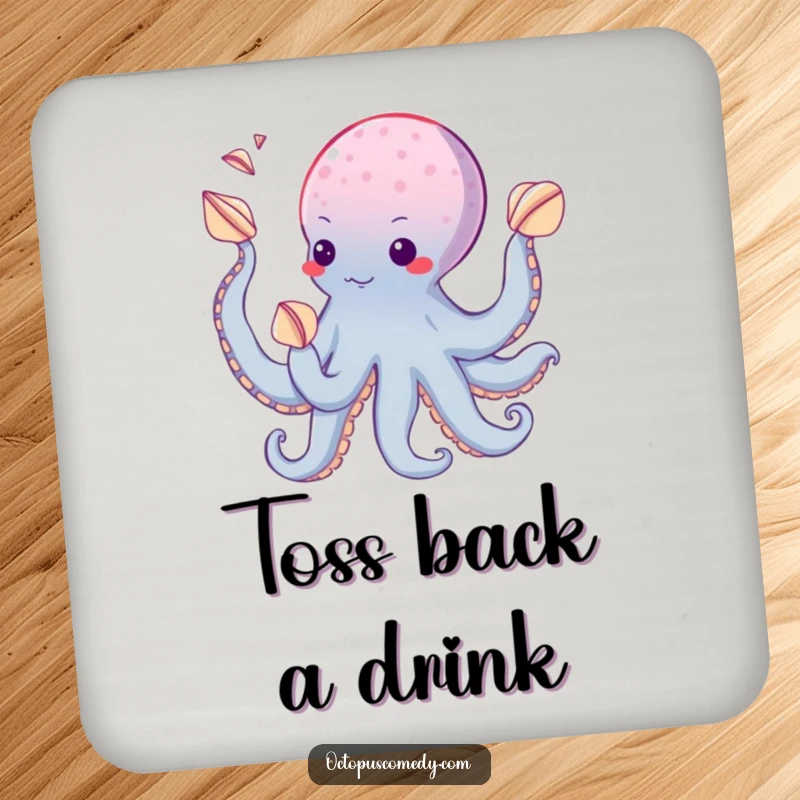 Funny drink coaster with an octopus juggling seashells using its suckers, adding humor and protection to surfaces.