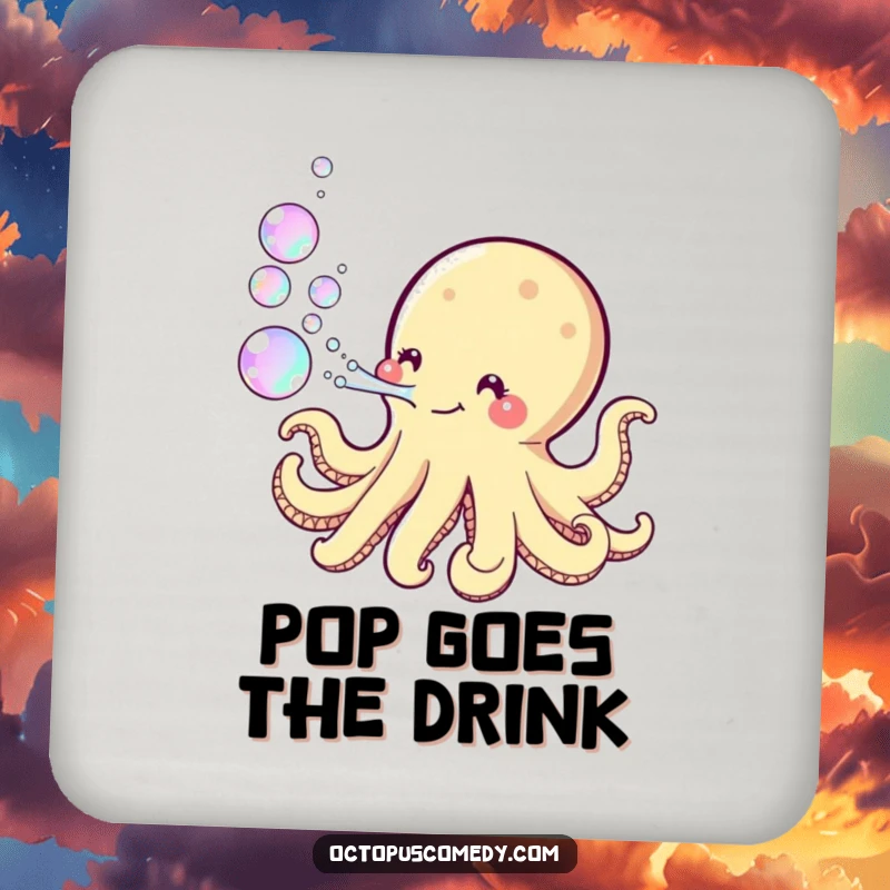 Funny Kawaii Octopus Coaster featuring a playful octopus blowing iridescent bubbles, adding a cheerful and protective touch to any drink setting.