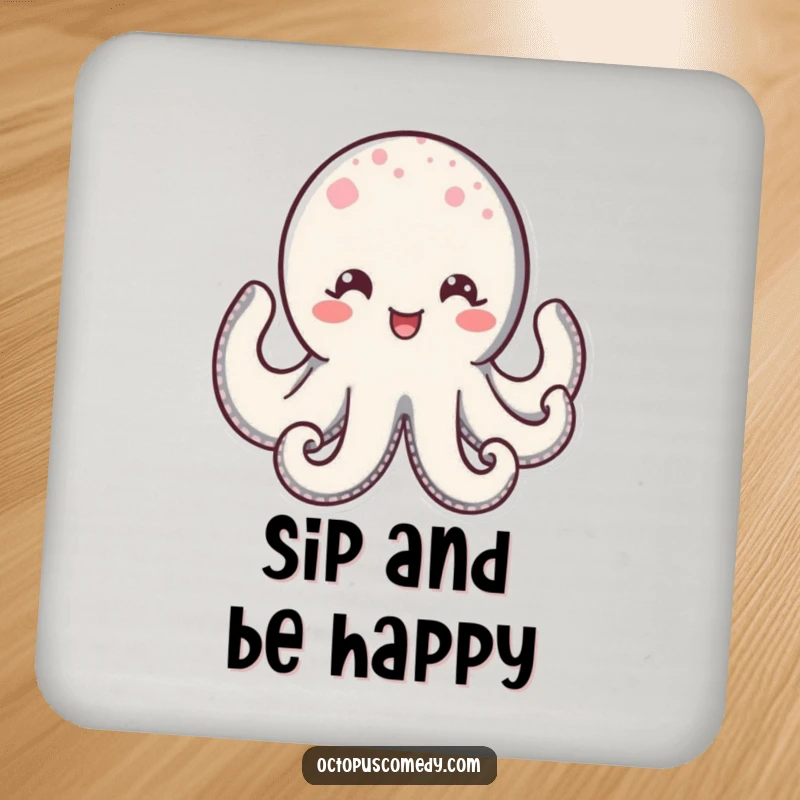 Funny Kawaii Octopus Coaster showcasing a delighted octopus with sparkling eyes and a wide, happy smile, protecting furniture with charm.