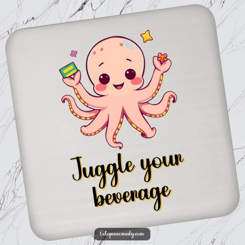 Funny kawaii octopus juggling colorful objects, a charming and humorous drink coaster.