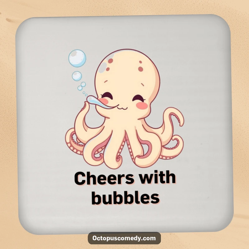 Funny drink coaster with a playful octopus blowing bubbles, protecting surfaces with a splash of underwater humor as a funny gift.