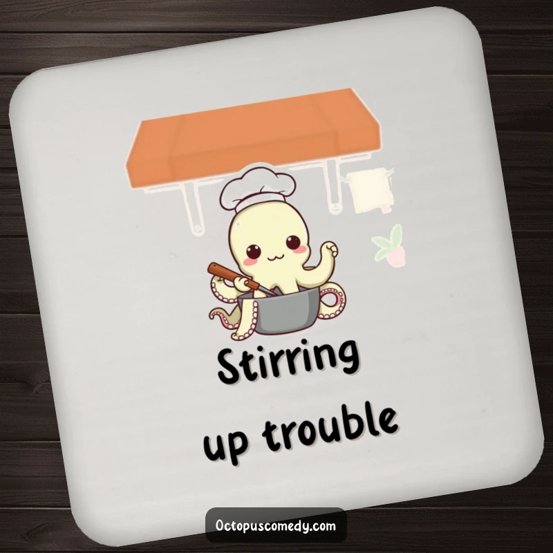 Funny Octopus Chef Coasters, cute octopus chef stirring a pot, protecting surfaces with humor, great for parties.
