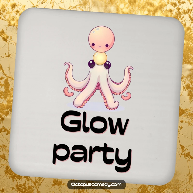 Funny octopus balancing a delicate stack of tiny, glowing orbs on a drink coaster, adding magical protection.