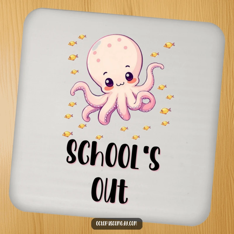 Funny octopus happily drifting through a school of small, sparkly fish on a drink coaster, adding ocean charm.