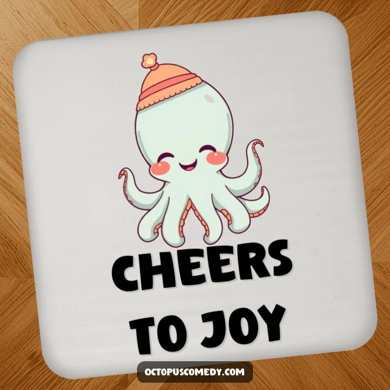 Funny octopus wearing a tiny hat and giggling, a humorous coaster for drink protection.