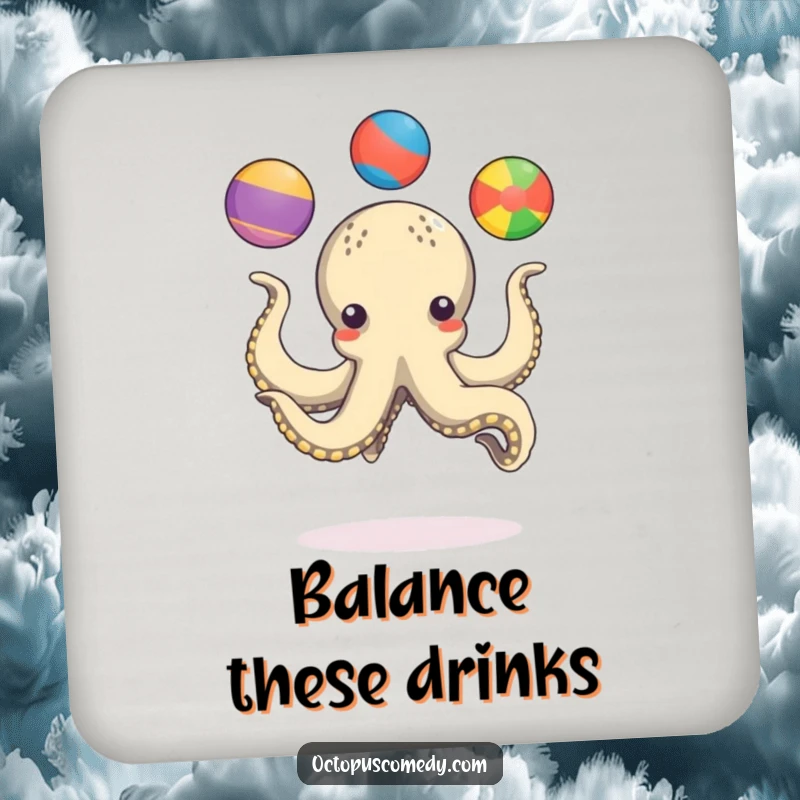 Funny octopus playfully juggling three colorful balls with its tentacles, a humorous coaster for drink protection.