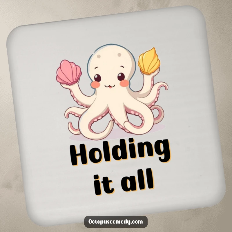 Funny octopus drink coaster showcasing an octopus juggling seashells, adding a touch of marine humor to any table setting.