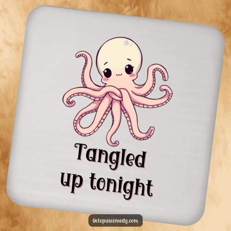 Funny drink coaster with an octopus hilariously tied up in its own arms, protecting surfaces with a dose of funny chaos.