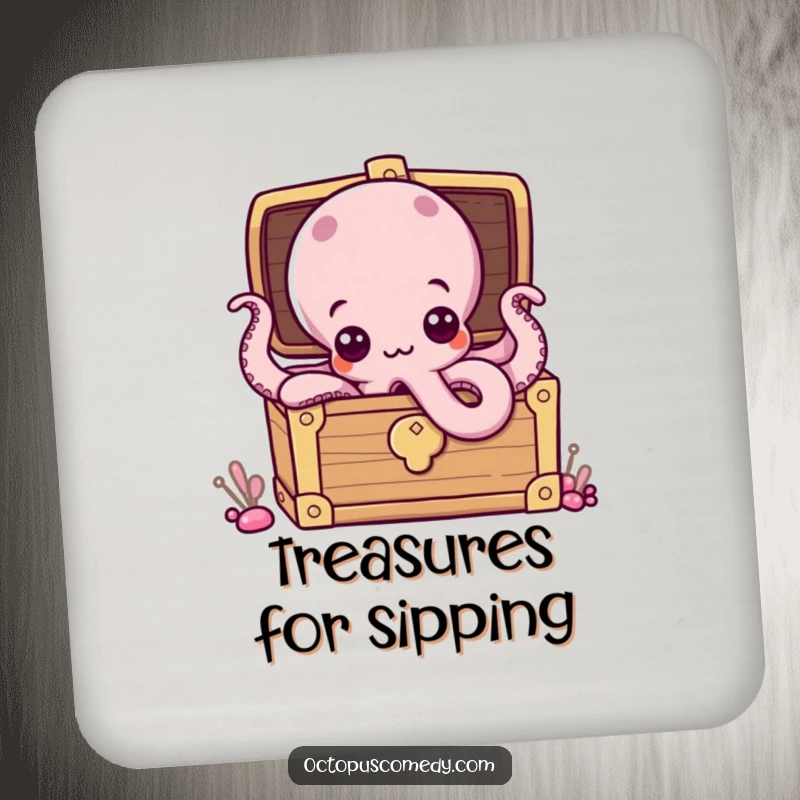 Funny drink coaster featuring a curious octopus peeking from a treasure chest, offering protection and a humorous touch to any surface.