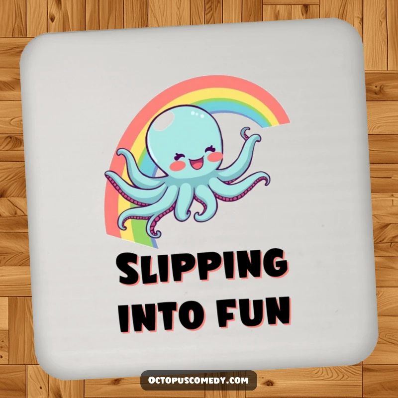 Funny drink coaster with a joyful octopus sliding down a rainbow, protecting surfaces with a splash of magical humor as a funny gift.